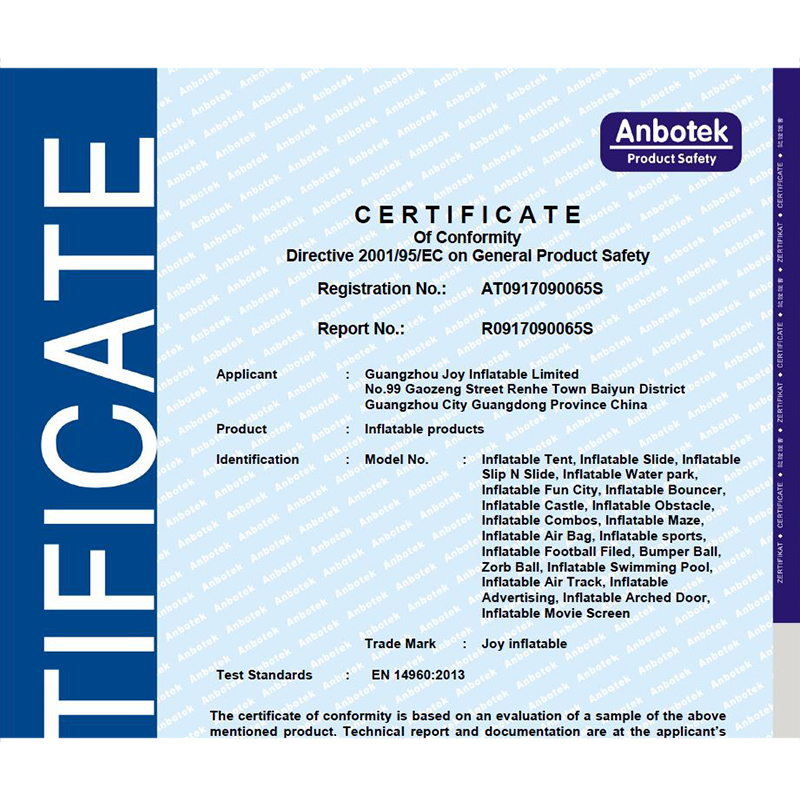 Сертификат CE на все наши надувные изделия.