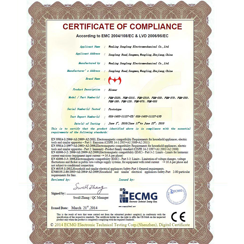 Сертификат CE на воздуходувки бренда Wenling