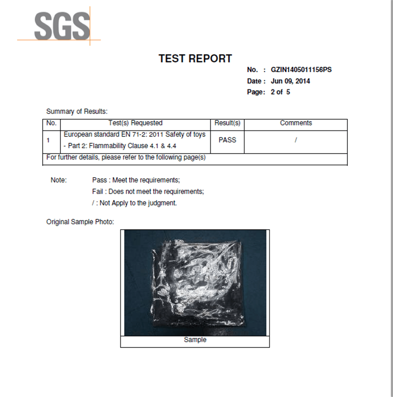 Le certificat SGS pour le PVC transparent de 0,5 mm répond à la norme EN71-2 : 2011