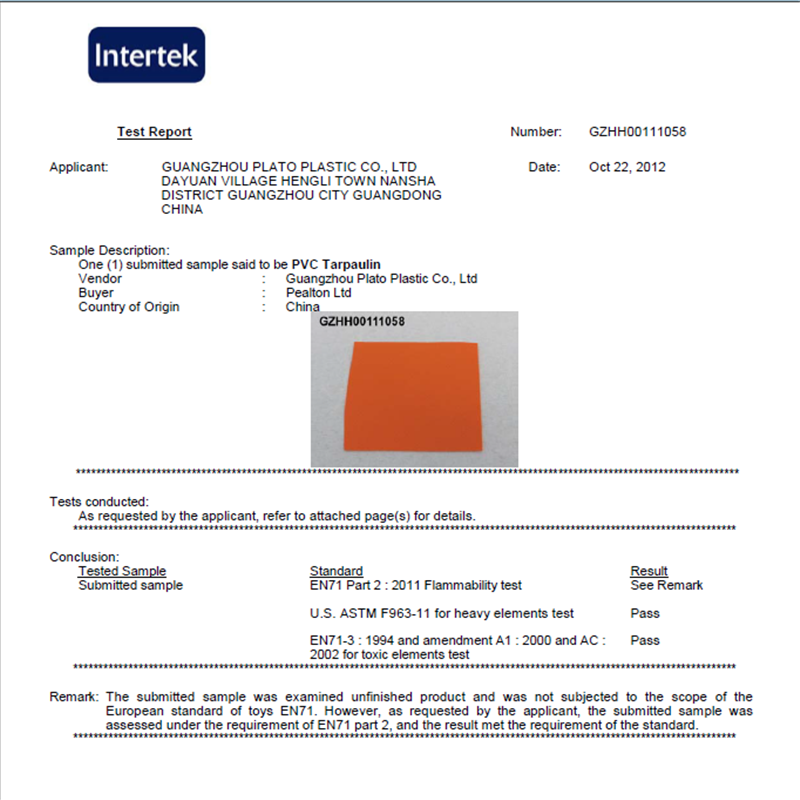 Le certificat ignifuge de bâche de PVC répond au standard EN71-2 2011